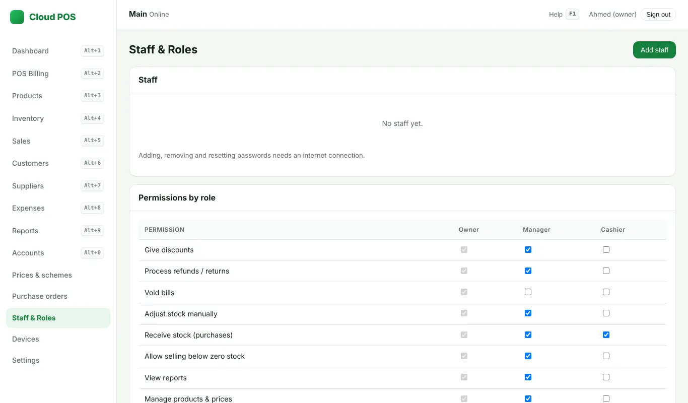Staff & Roles screen